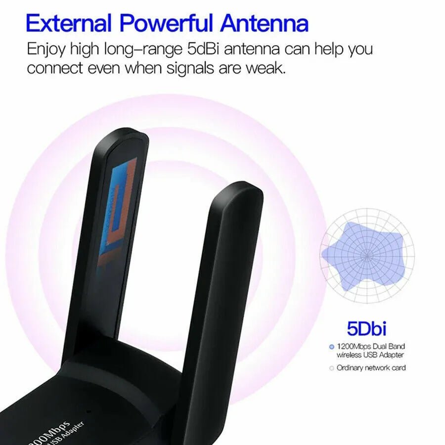 1200Mbps Long Range AC1200 Dual Band 5GHz Wireless USB 3.0 WiFi Adapter Antennas - KEMATÉ