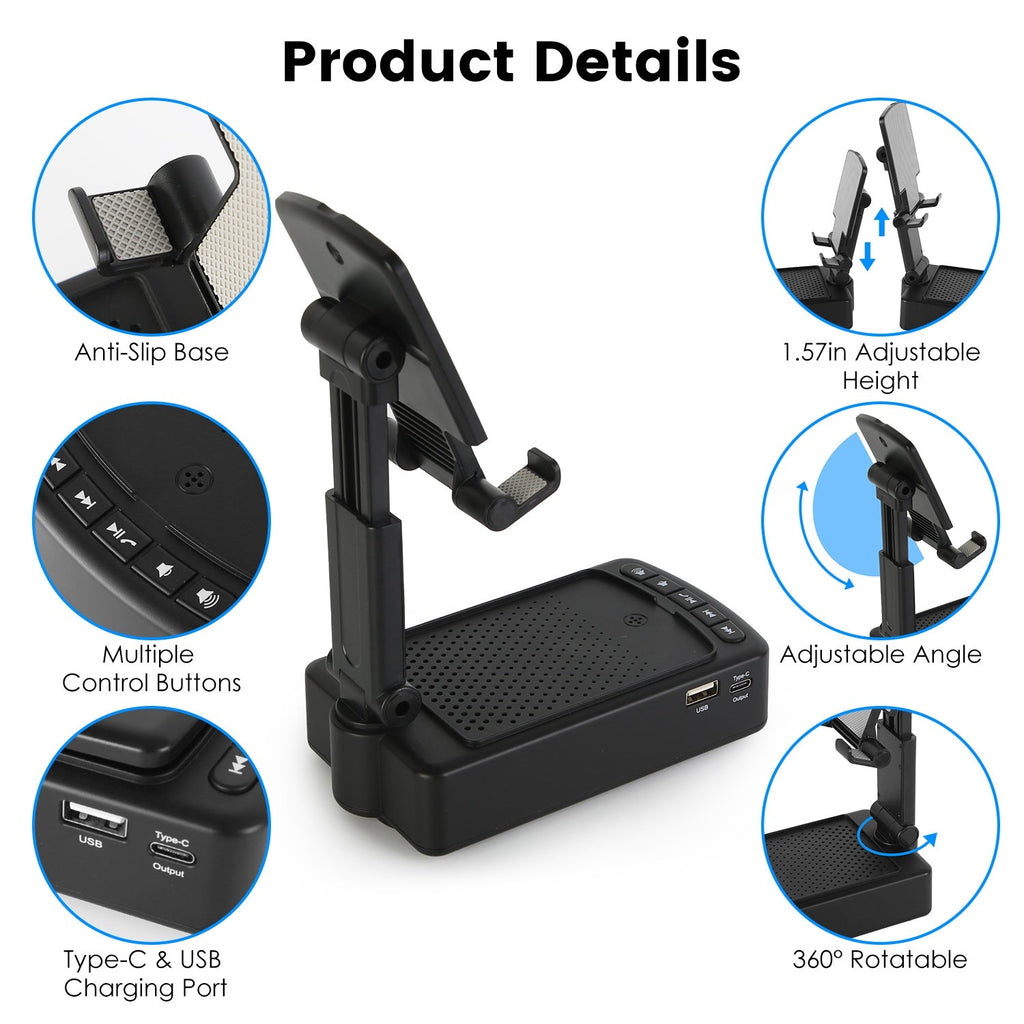 1Pc Cell Phone Stand With HD Surround Wireless Speaker Power Bank Portable Foldable Charging Phone Stand With Anti Slip Base Compatible With Phone Tablet For Home Office Outdoor - KEMATÉ