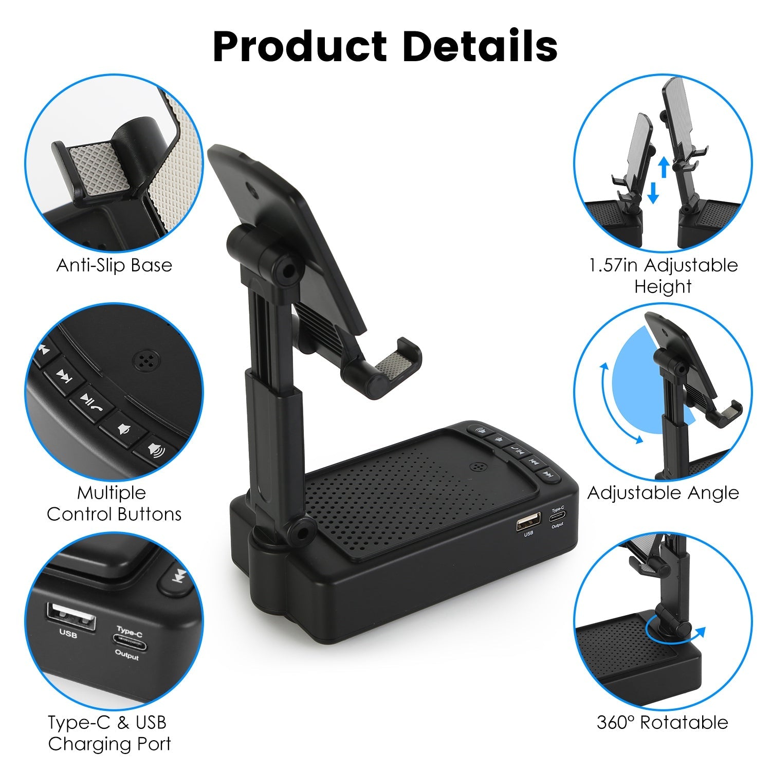 1Pc Cell Phone Stand With HD Surround Wireless Speaker Power Bank Portable Foldable Charging Phone Stand With Anti Slip Base Compatible With Phone Tablet For Home Office Outdoor - KEMATÉ
