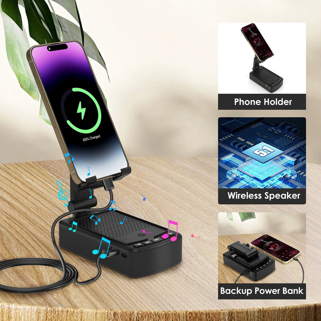 1Pc Cell Phone Stand With HD Surround Wireless Speaker Power Bank Portable Foldable Charging Phone Stand With Anti Slip Base Compatible With Phone Tablet For Home Office Outdoor - KEMATÉ