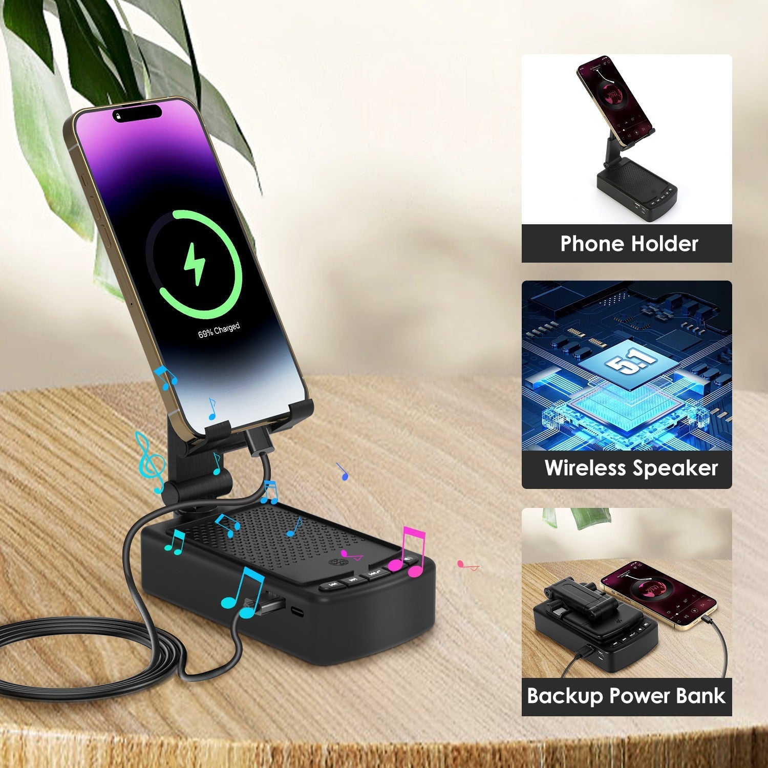 1Pc Cell Phone Stand With HD Surround Wireless Speaker Power Bank Portable Foldable Charging Phone Stand With Anti Slip Base Compatible With Phone Tablet For Home Office Outdoor - KEMATÉ