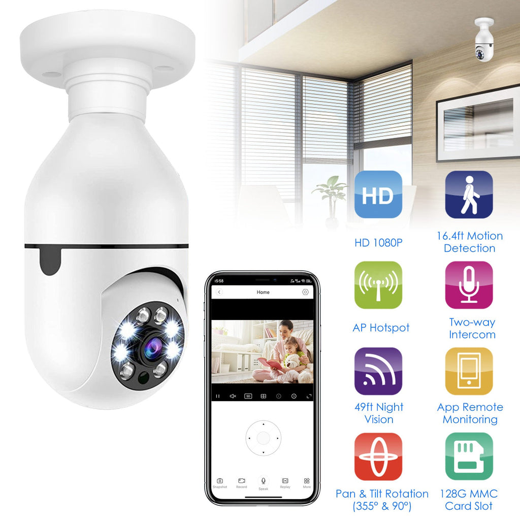 1Pc E27 WiFi Bulb Camera 1080P FHD WiFi IP Pan Tilt Security Surveillance Camera With Two-Way Audio Night Vision Motion Detection Function APP Control - KEMATÉ