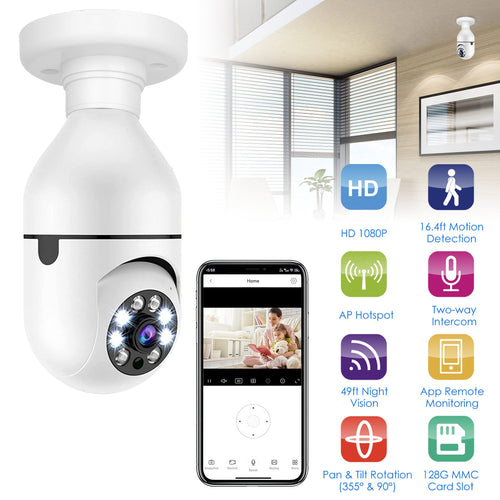 1Pc E27 WiFi Bulb Camera 1080P FHD WiFi IP Pan Tilt Security Surveillance Camera With Two-Way Audio Night Vision Motion Detection Function APP Control - KEMATÉ