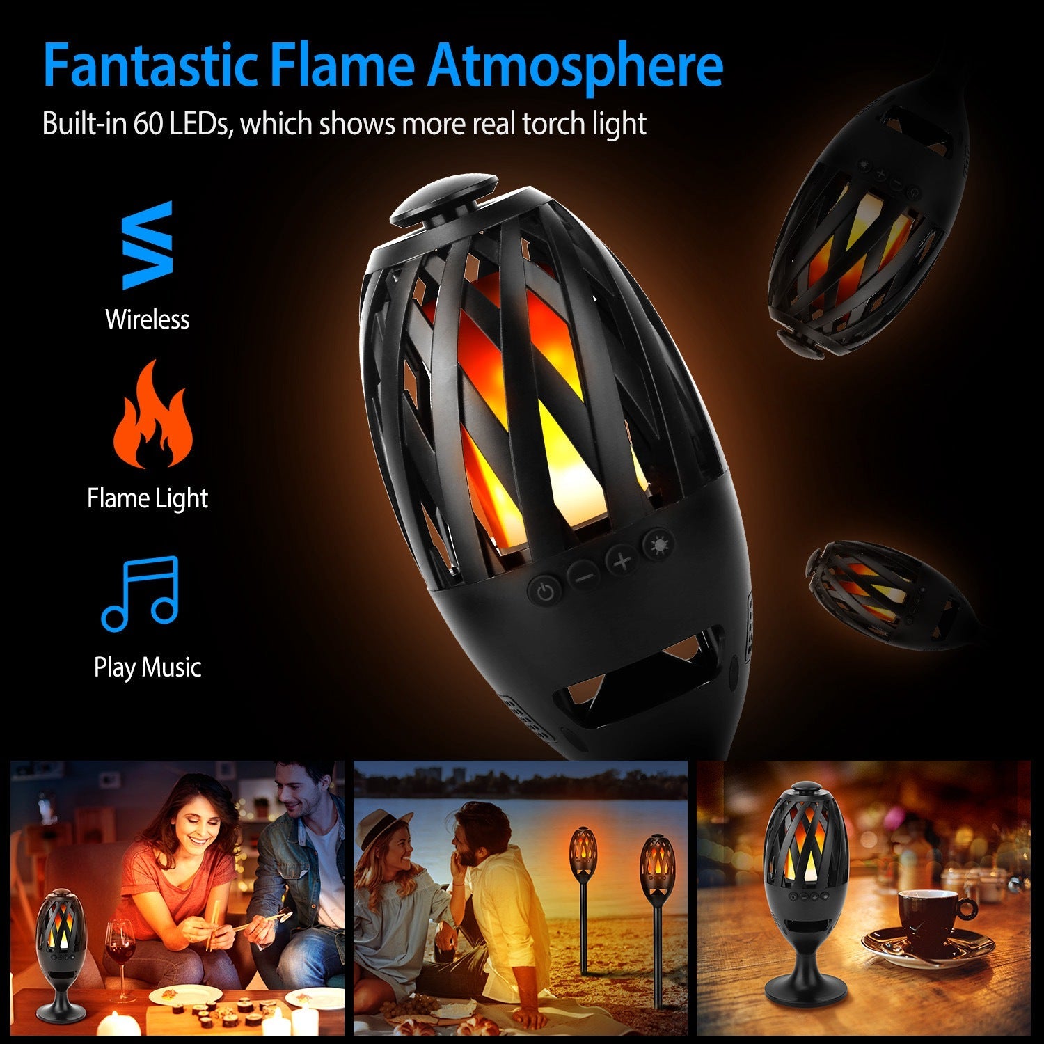 1Pc LED Flame Speakers Torch Wireless Speaker Waterproof Stereo Bass Speaker Outdoor Light-Up Speaker Atmosphere LED Flickers Night Light Patio Stake Lights Lantern For Party Camping - KEMATÉ