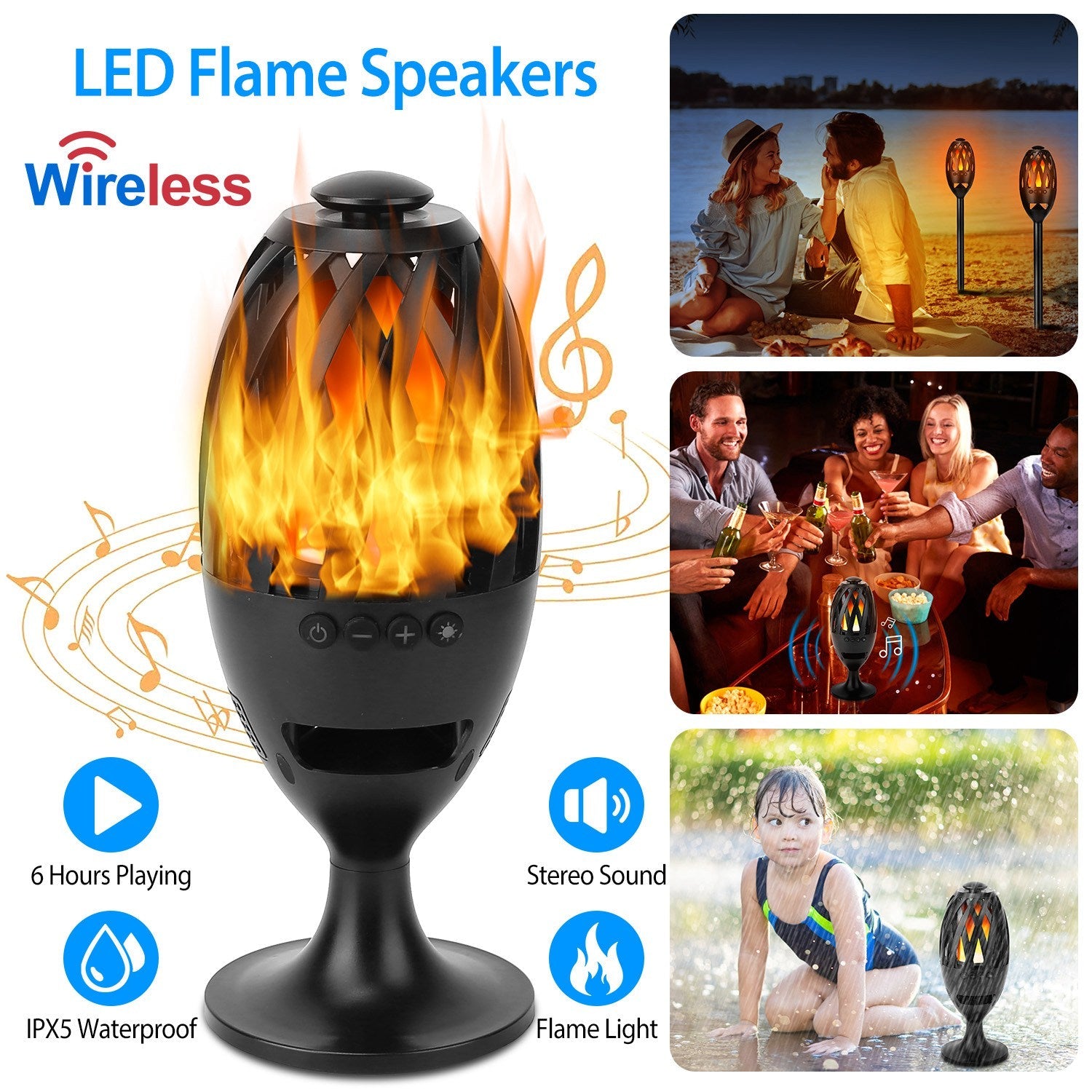 1Pc LED Flame Speakers Torch Wireless Speaker Waterproof Stereo Bass Speaker Outdoor Light-Up Speaker Atmosphere LED Flickers Night Light Patio Stake Lights Lantern For Party Camping - KEMATÉ