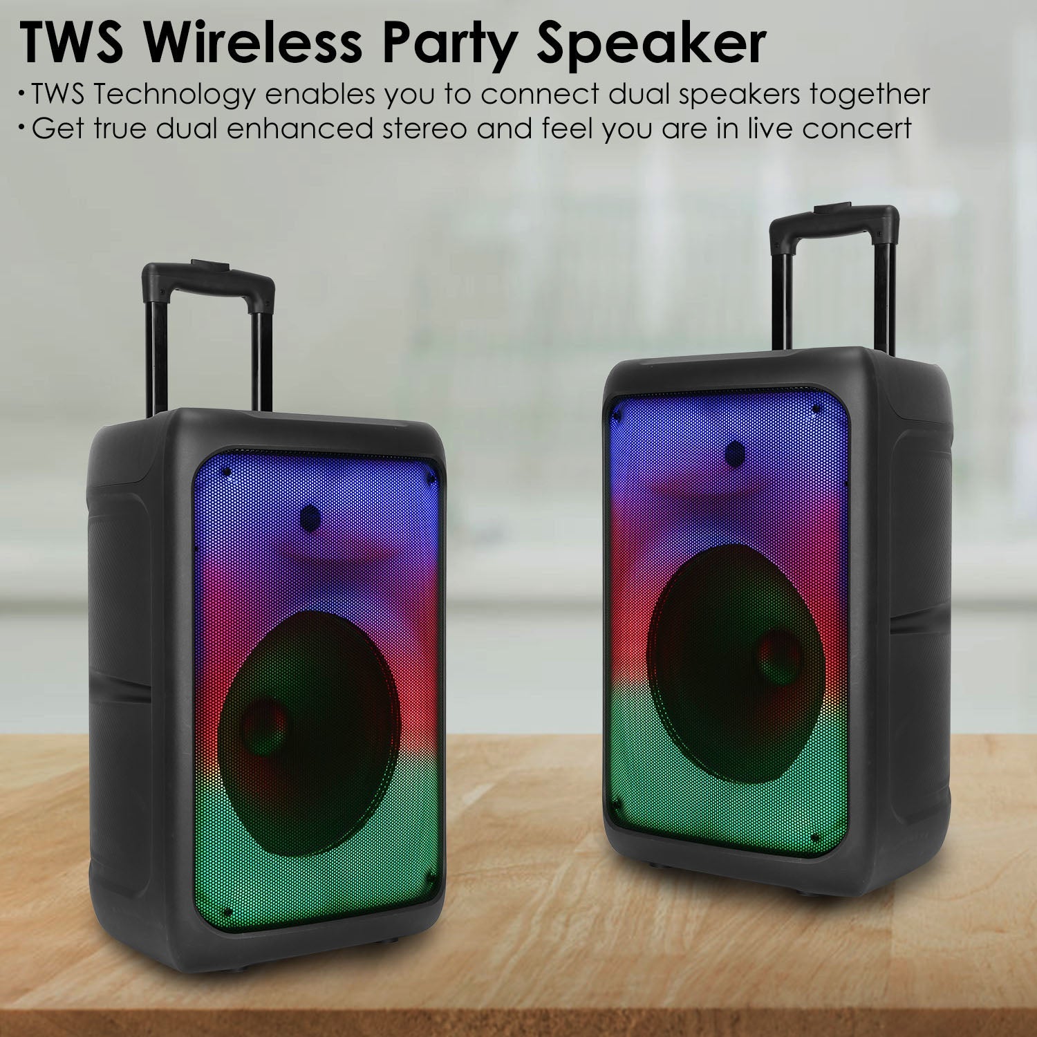 1Pc Portable Wireless Party Speaker Party Speaker With With 5 Colorful Lighting Modes TWS FM USB MMC Slot Aux In Recording Mic Priority Trolley Handle 2 Wheels Remote Control - KEMATÉ