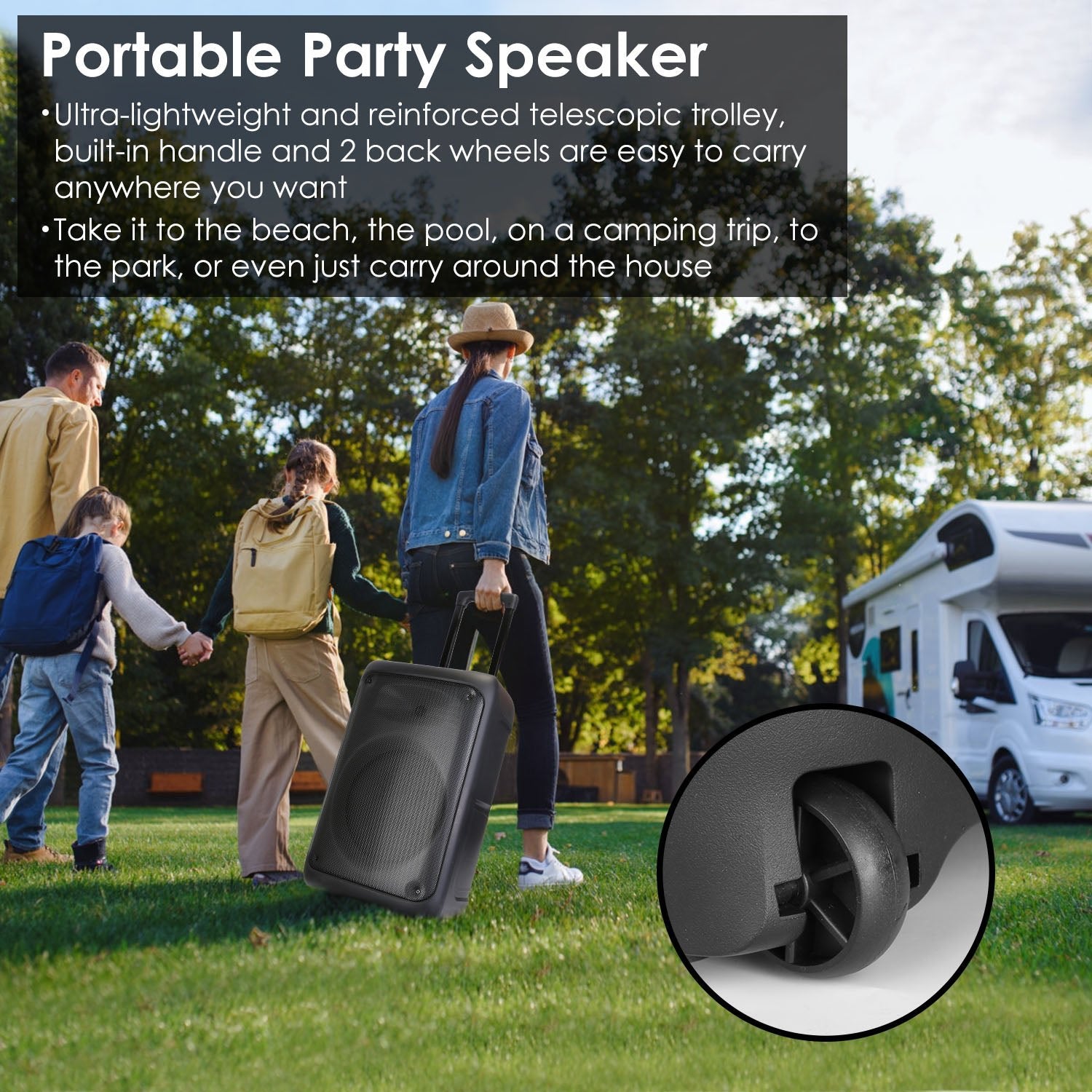 1Pc Portable Wireless Party Speaker Party Speaker With With 5 Colorful Lighting Modes TWS FM USB MMC Slot Aux In Recording Mic Priority Trolley Handle 2 Wheels Remote Control - KEMATÉ