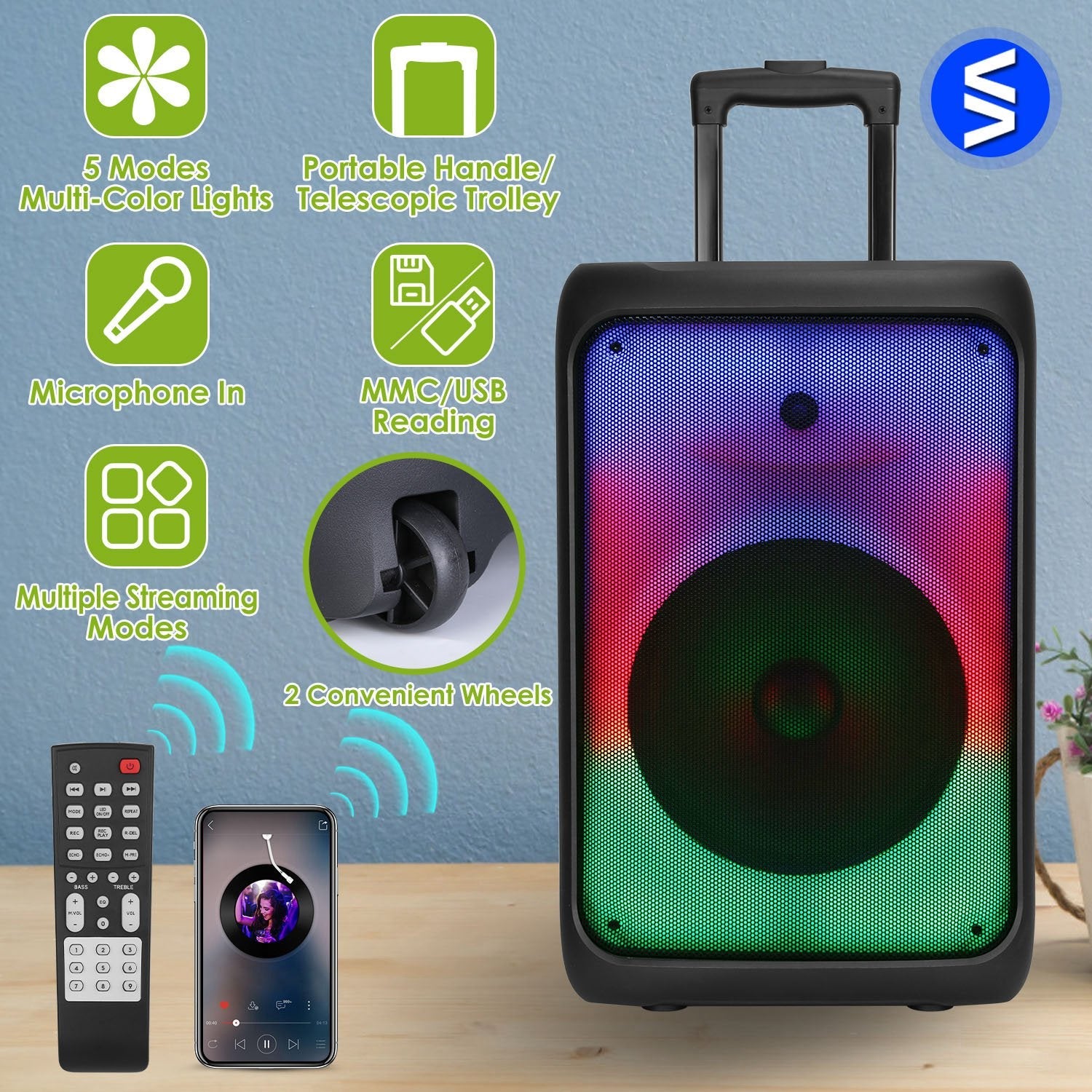 1Pc Portable Wireless Party Speaker Party Speaker With With 5 Colorful Lighting Modes TWS FM USB MMC Slot Aux In Recording Mic Priority Trolley Handle 2 Wheels Remote Control - KEMATÉ