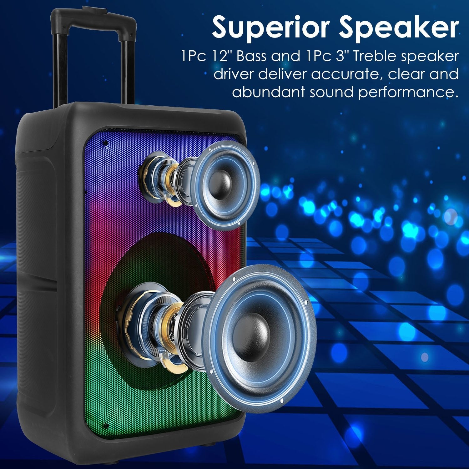 1Pc Portable Wireless Party Speaker Party Speaker With With 5 Colorful Lighting Modes TWS FM USB MMC Slot Aux In Recording Mic Priority Trolley Handle 2 Wheels Remote Control - KEMATÉ