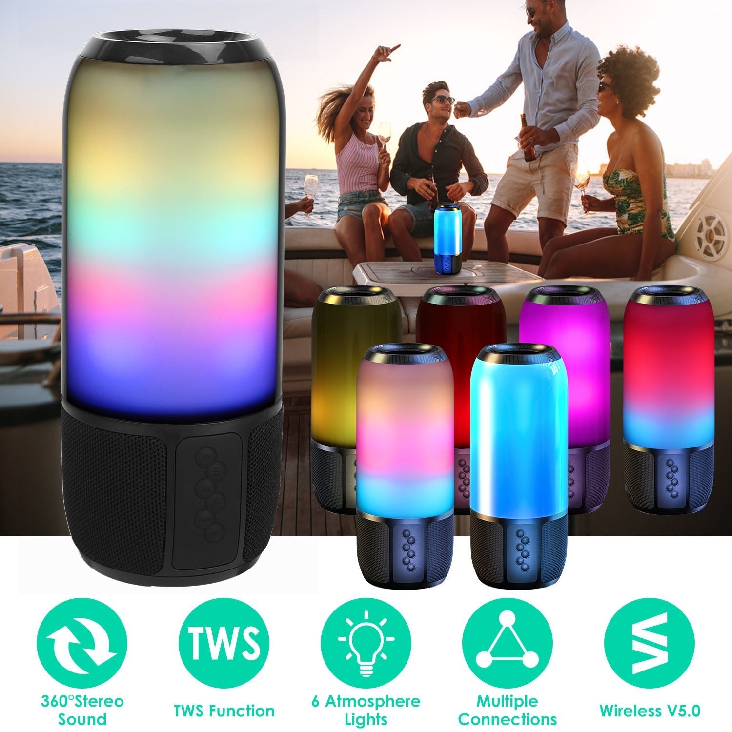 1Pc Wireless Portable Speaker Loud Stereo Speaker With 6 Color Changing Lights Radio Party TWS Speaker For Home Outdoor Travelling - KEMATÉ