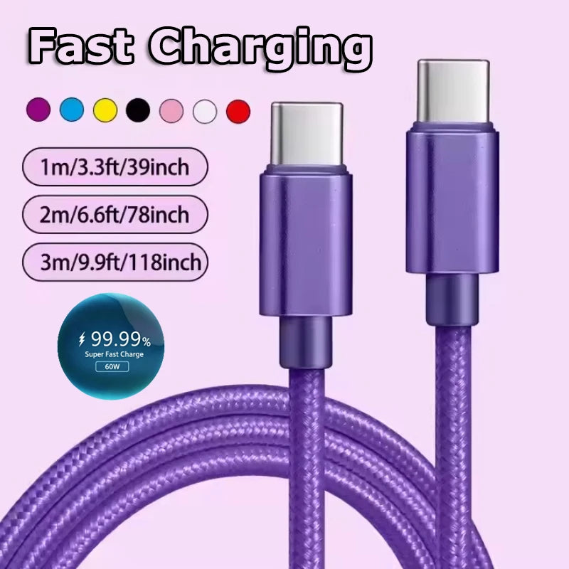 Câble de charge rapide en Nylon 60W 5A, 1/2/3m, double Type-C, câble de données coloré, transfert de données à grande vitesse, câble de charge rapide pour Xiaomi17