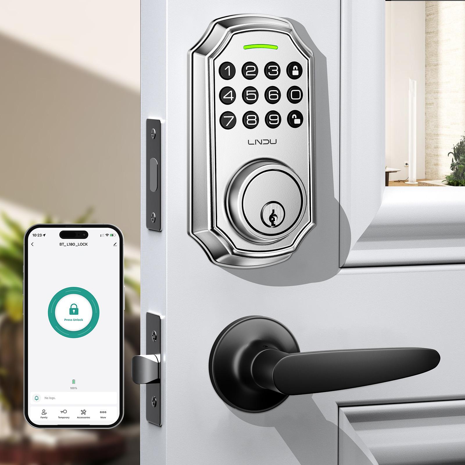 Keyless Entry Door Lock With Handle App-Controlled Front Door Lock Set With Keypad Auto-Lock & One-Touch Locking Anti-Peep Code Feature Easy Installation - KEMATÉ